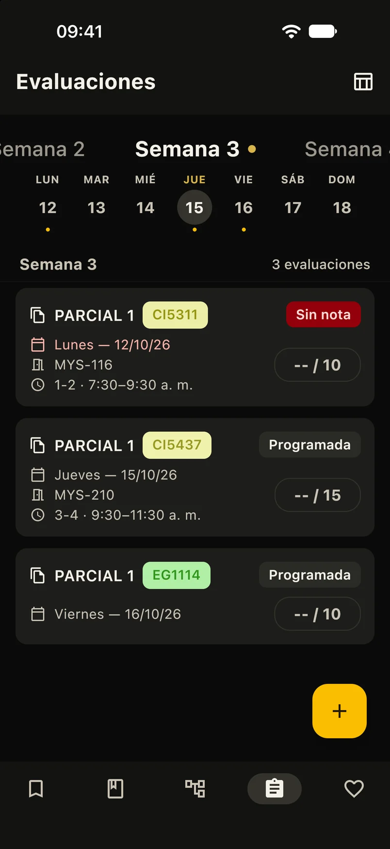 Evaluaciones de la semana con su lugar, su hora y su estado
