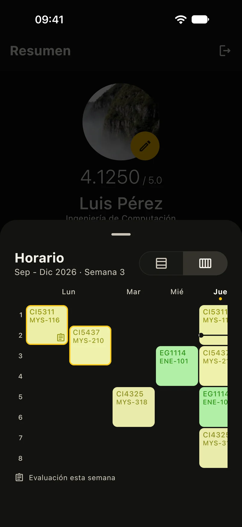 Horario semanal con las clases y las evaluaciones marcadas